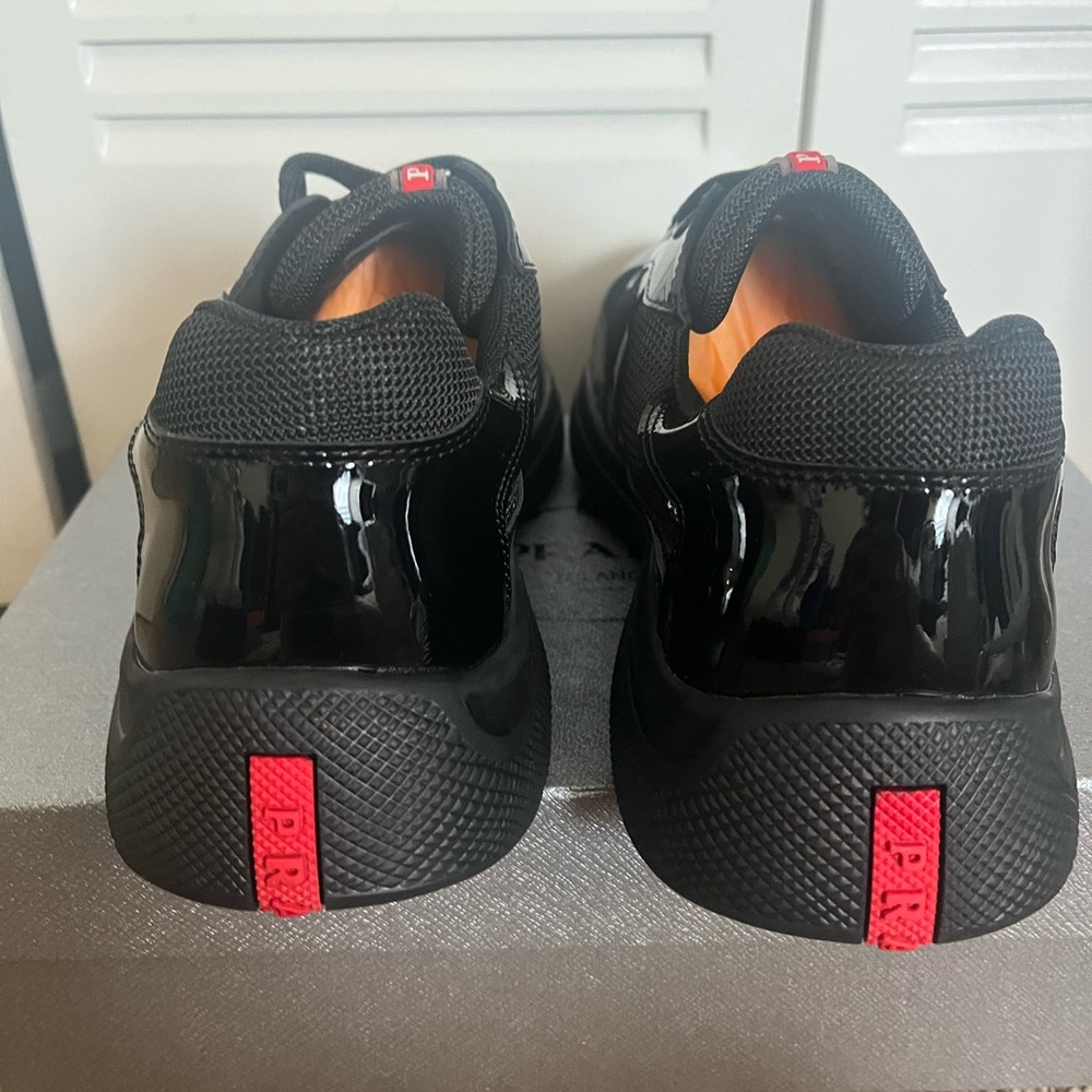 Prada Black Patent Leather & Mesh Sneakers with Red Logo Accent - Picture 4 of 8